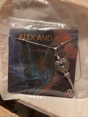 Alex and Ani Silver Heart Raven Key Necklace with Blue Accent